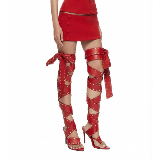 Studded lace-up thigh-high heeled sandals in red