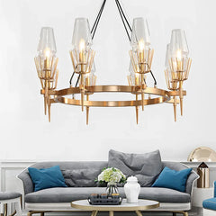  Modern gold LED chandelier with a luxurious design and sparkling glass accents, illuminating a stylish living room. Golden Atelier 2