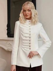 Ruched Pleated Buttoned Mandarin Collar Blazer