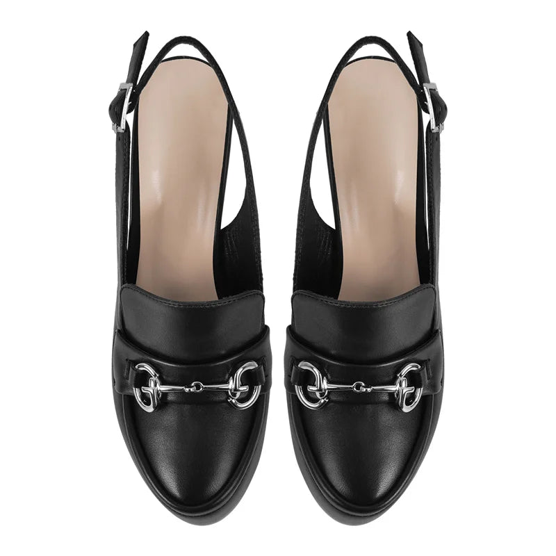 Top view of black platform slingback block heel sandals