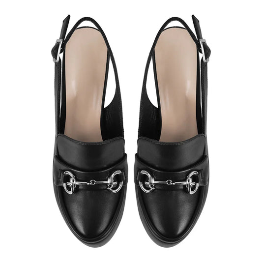 Top view of black platform slingback block heel sandals
