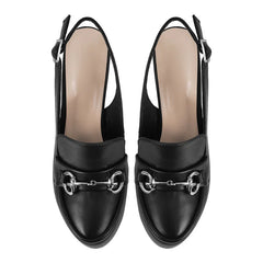 Top view of black platform slingback block heel sandals