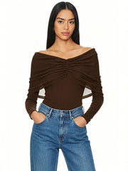 Off Shoulder Pleated Mesh Top