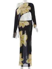 Floral Print One Shoulder Top and Skirt Set