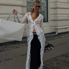 Sheer Lace Ruffle Long Sleeve Top