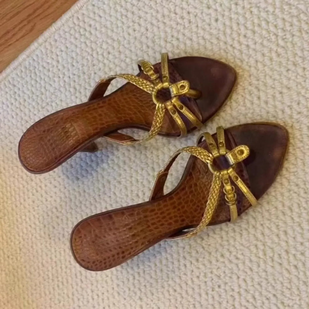 Pair of brown sandals with gold straps on a textured surface