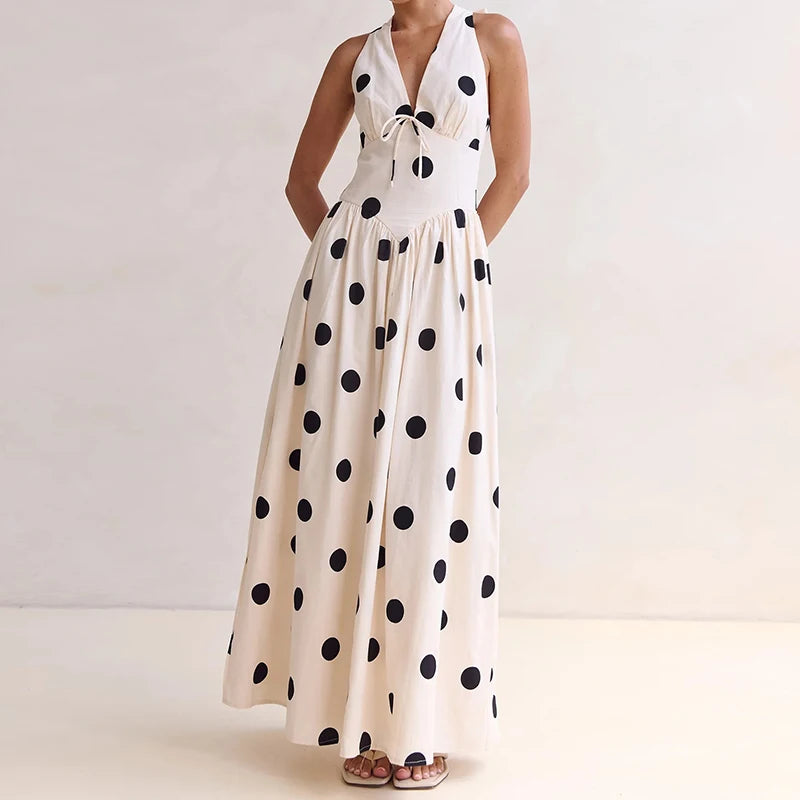 Polka dot halter maxi dress with open back