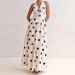 Polka dot halter maxi dress with open back