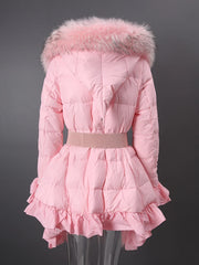 Pink puffer coat with fur hood on a dark gray background
