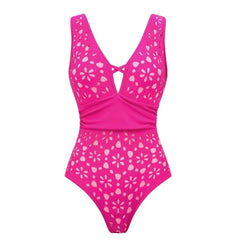 V-Neck Plunge Eyelet One-Piece Swimsuit with Matching Maxi Skirt Set