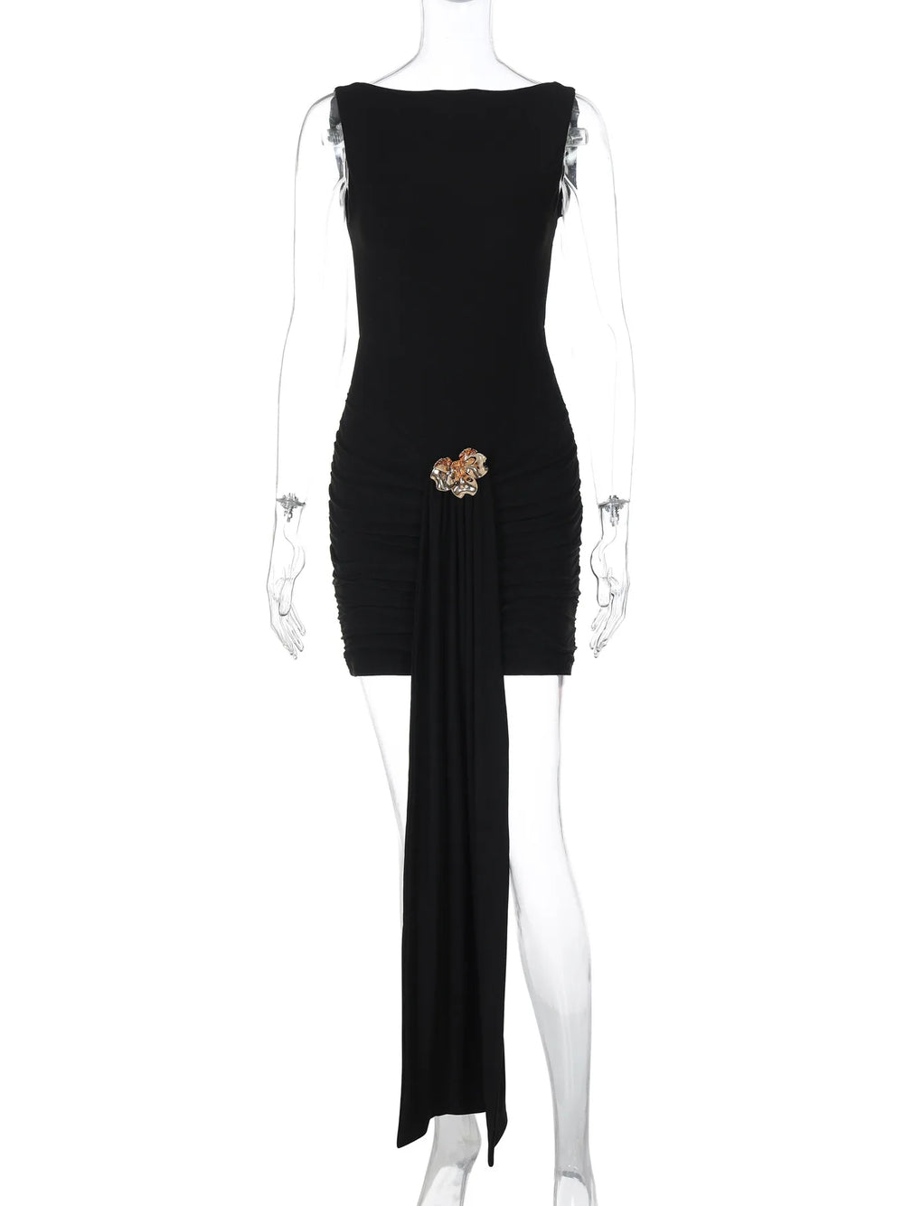 Black dress with floral embellishments on a mannequin against a white background