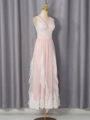 Pink Lace V-Neck Tulle Maxi Dress
