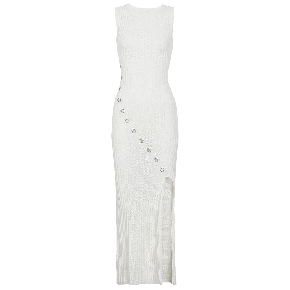 Black perforated knit maxi dress detail