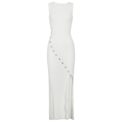 Black perforated knit maxi dress detail
