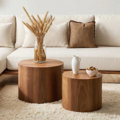 Walnut Wooden Circle Accent Tables for Living Room