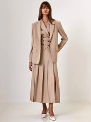 Notched Collar Pleated Skirt Suit Two Piece Sets