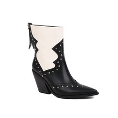 Black and white colorblock pointed toe block heel ankle boot with studs