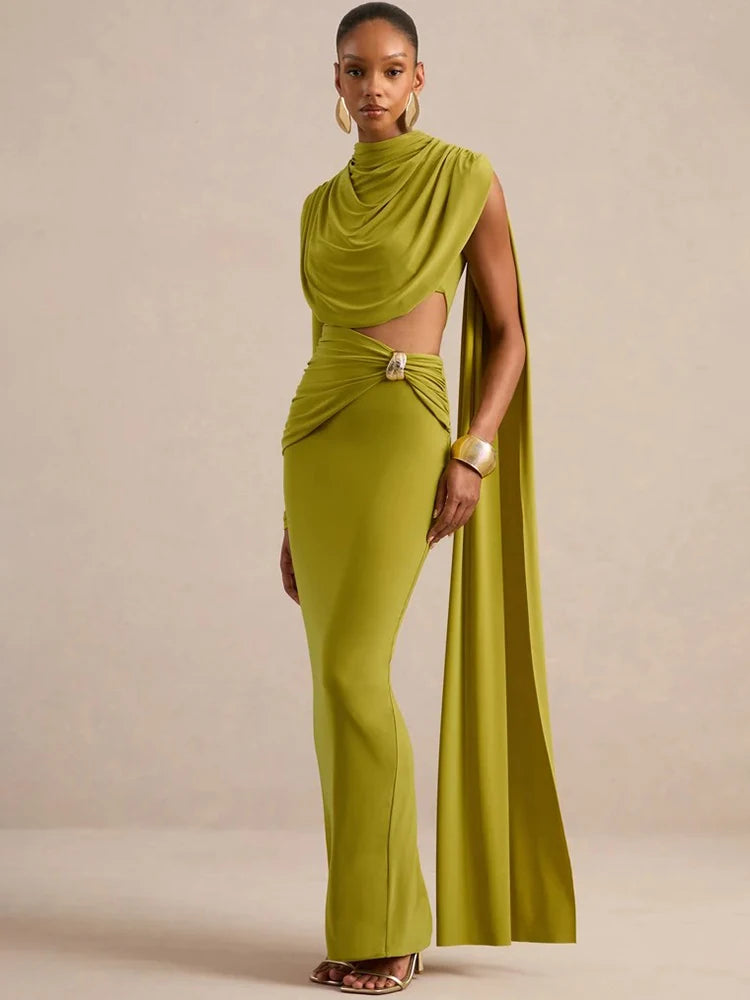 Green draped cutout waist maxi dress with draping detail