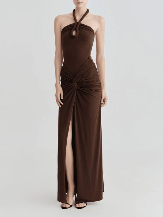 Brown halter neck ruched maxi dress front view