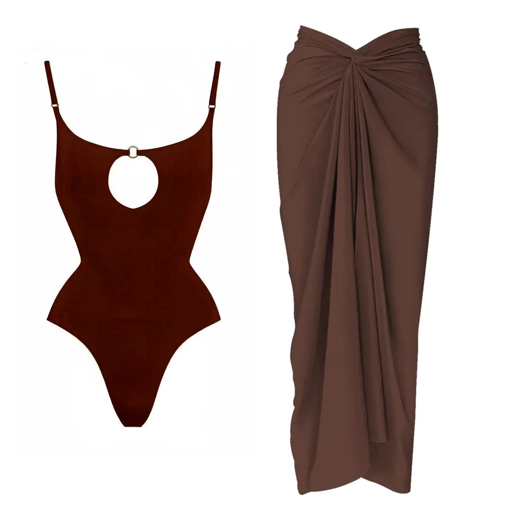 Cutout monokini and draped skirt swimwear set in brown