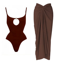 Cutout monokini and draped skirt swimwear set in brown