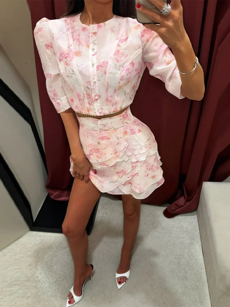 Floral print cropped top and ruffled skirt set