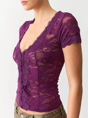 Sheer Lace V-Neck Short Sleeve Top
