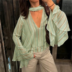 Striped V-neck Flare Sleeve Top
