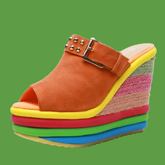 Rainbow Bowknot Hemp Bottom Ankle Buckle Platform Shoes - Golden Atelier