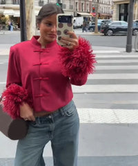 Faux Fur Cuff Mandarin Collar Jacket
