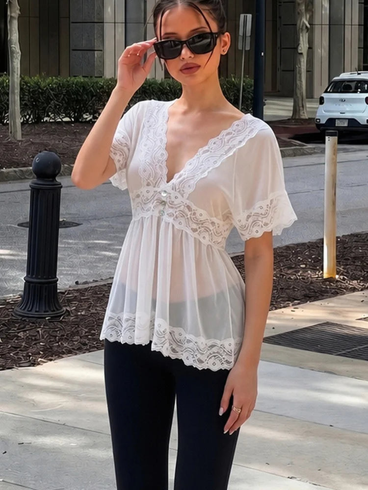Sheer lace V-neck short sleeve top