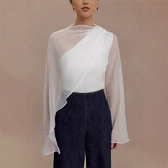 Asymmetrical Draped Cape Sleeve Blouse with Sheer Overlay
