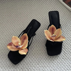 Floral Embellished Square Toe Heels