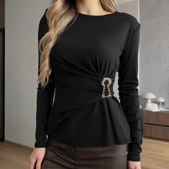 Ruched Metal Ring Detail Long Sleeve Top