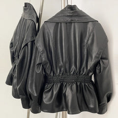 Faux Leather Jacket with Cinched Waist and High Neck Top