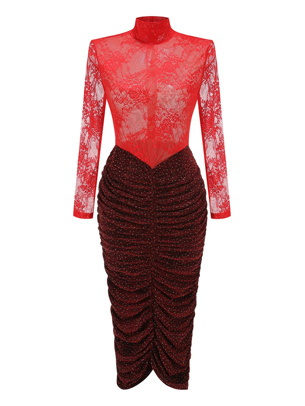 Red lace top and black ruched skirt on a white background