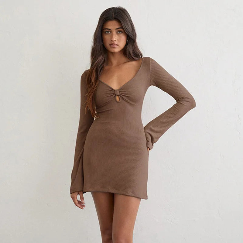 Brown ribbed v-neck mini dress with cut-out detail