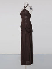 Brown Cross Halter Ruched Front Slit Maxi Dress