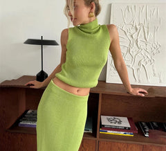 High Neck Knitting Top and Solid Long Skirt Suit