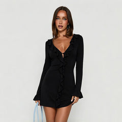 Ruffle V-Neck Long Sleeve Mini Dress