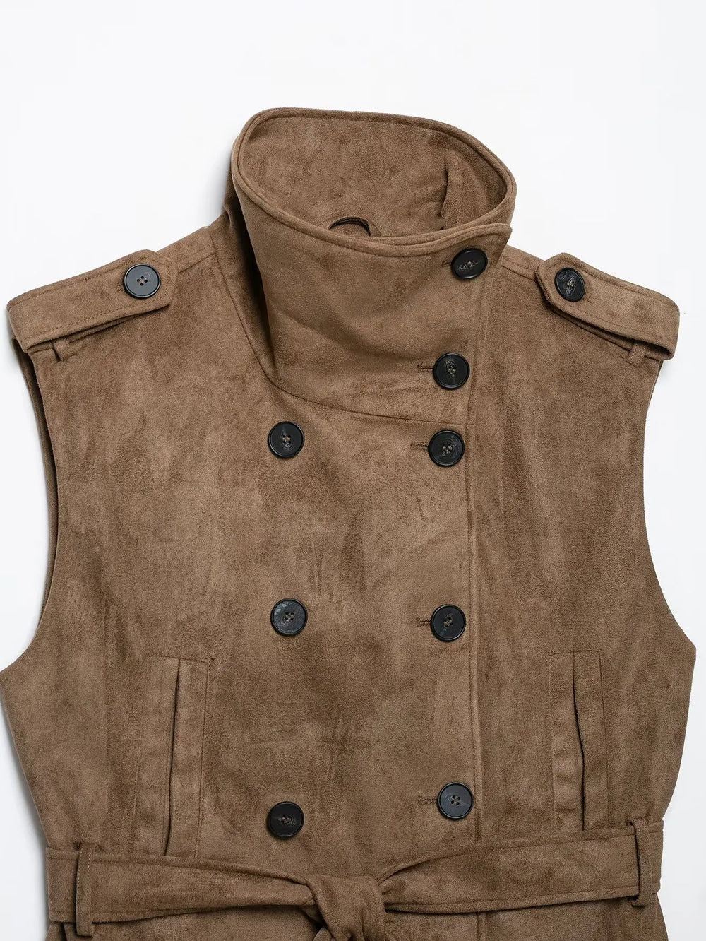 Close-up of faux suede double-breasted vest collar and buttons