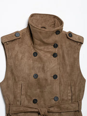 Close-up of faux suede double-breasted vest collar and buttons