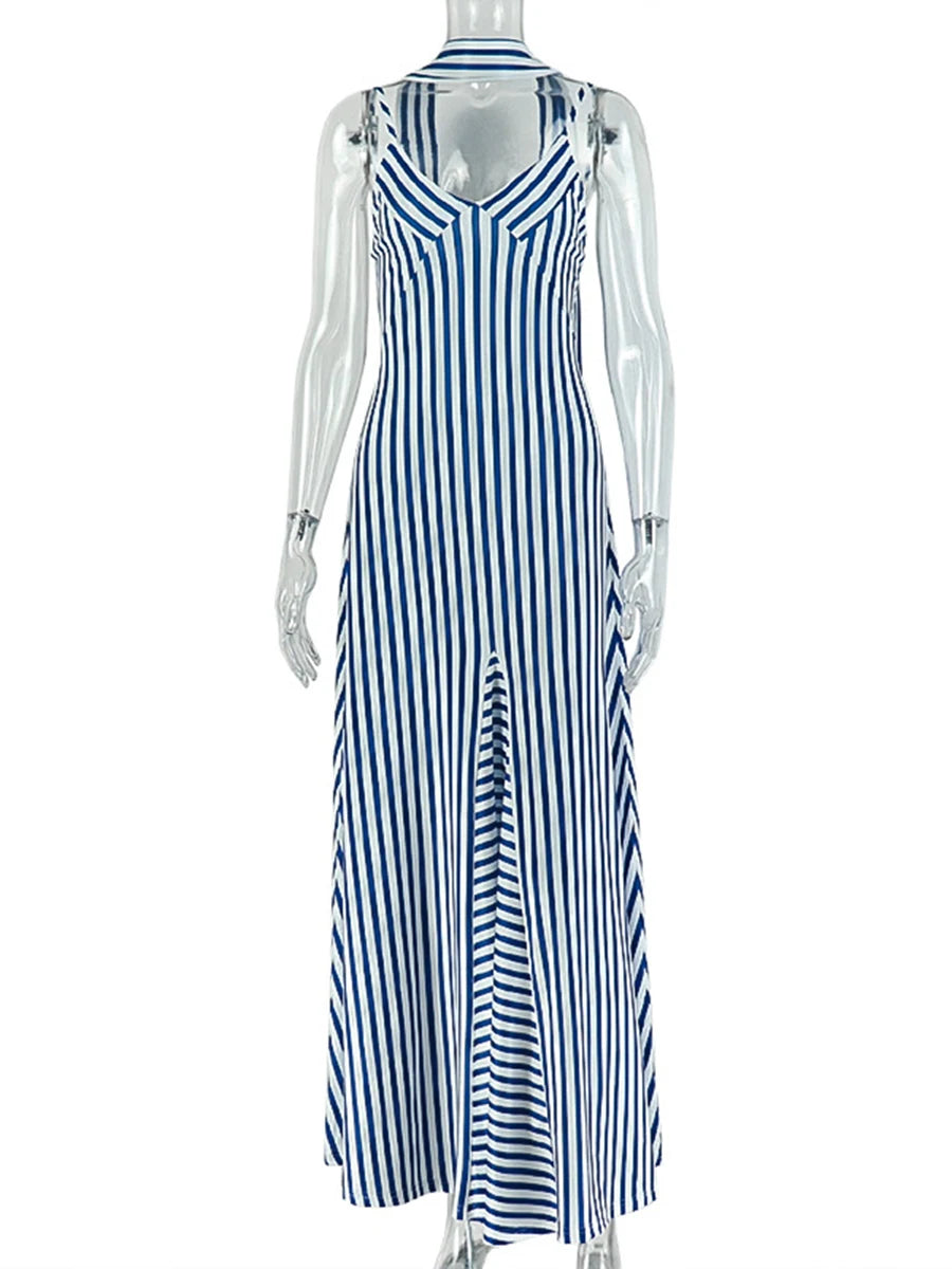 Blue and white striped dress on a mannequin against a white background