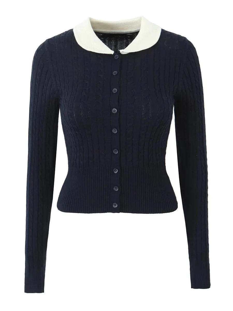 Navy blue cardigan with white collar on a white background
