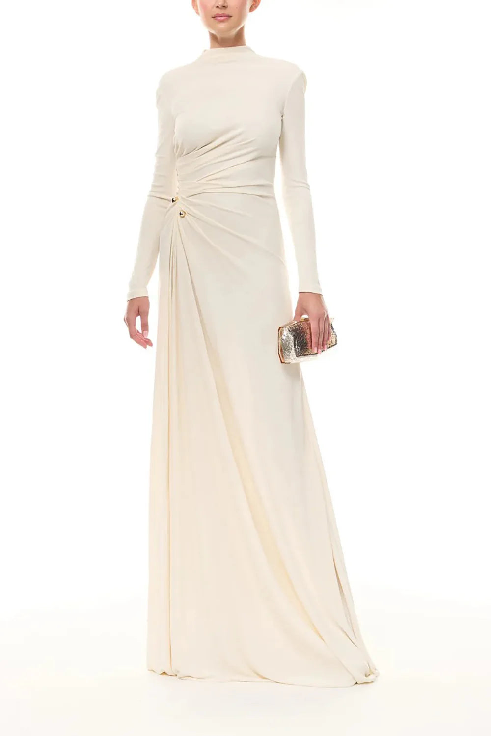 Long sleeve high split maxi dress with draped bodice and clutch
