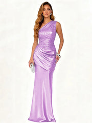 Light purple one shoulder sequin dress with satin skirt