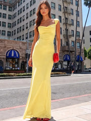 Yellow cowl neck cap sleeve column evening dress outdoors