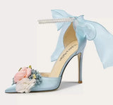 Pointed Silk Satin Flower Pearl Sandals with Thin High Heels