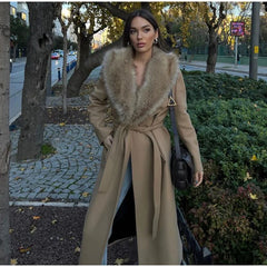 Elegant Fur Lapel Maxi Coat for Women - Wool Lace-Up Winter Overcoat