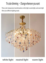 Chandelier with color temperature transformation labels on a plain background